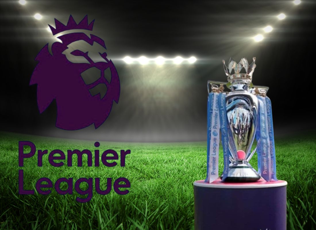 fudbalski teren, logo premijer lige i titula - trofej